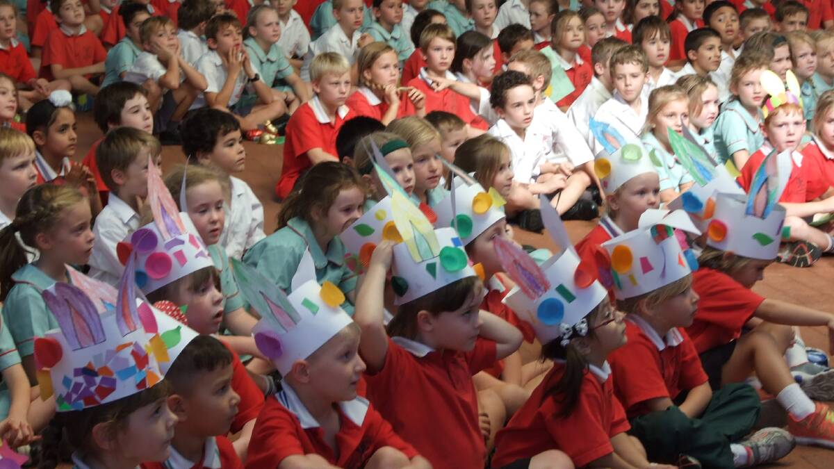 The students with their colourful headbands at last week’s Easter raffle and presentation 