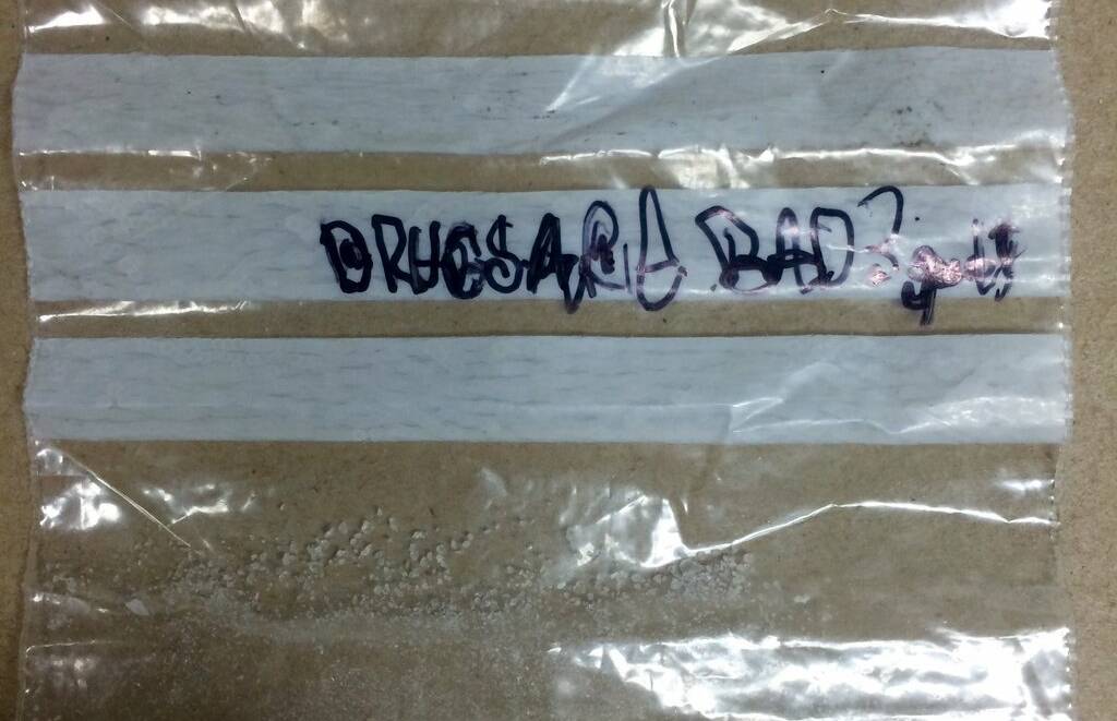 "Drugs are bad?" written by alleged offender on bag of seized amphetamine