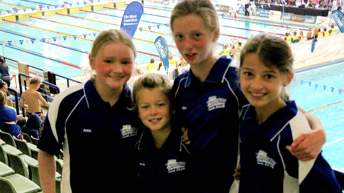 Busselton swimmers Amy Kerr, Neve and Eden McDonald and Rylee Williamson at the junior state short-course swimming championships. 