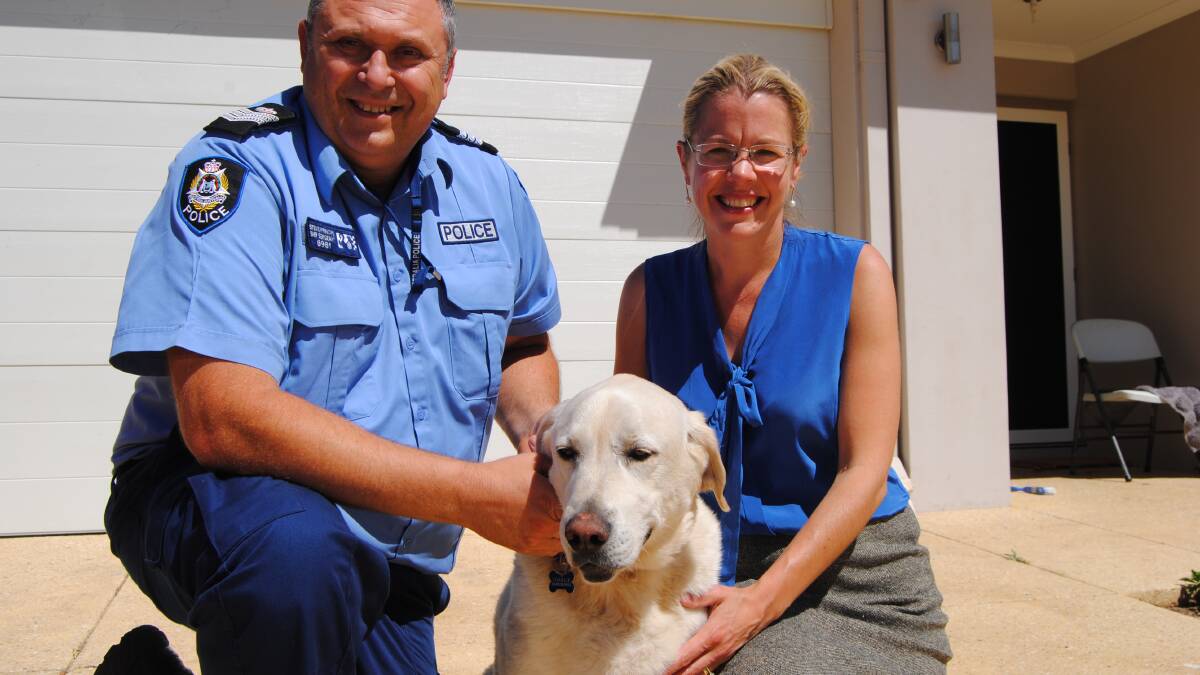 Dog detection: Busselton police Senior Sergeant Steve Principe with his dog Charlie and Vasse MP Libby Mettam