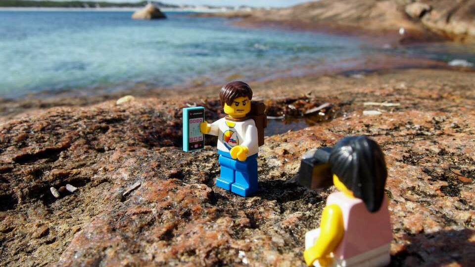 Craig frustrated with the average phone signal at Lucky Bay in Esperance. We’ve all been there buddy. Photo: LEGO Travellers.