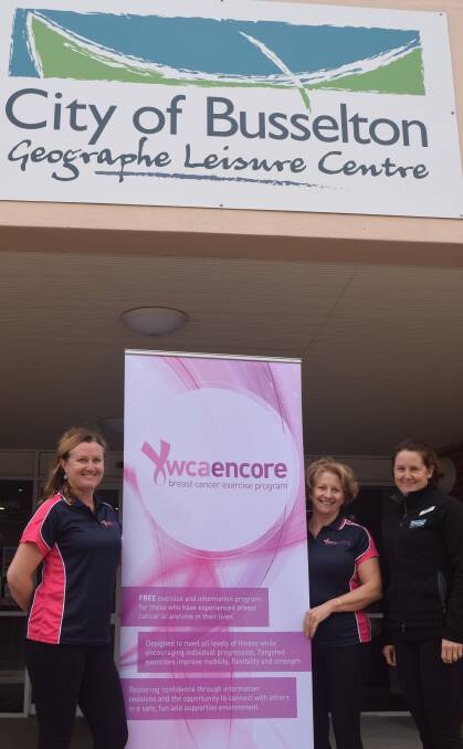 YWCAEncore facilitators Victoria Yuen and Leah Bolwell with Geographe Leisure Centre’s Jodi Moffett will be working together to bring an exercise program for breast cancer patients and survivors.