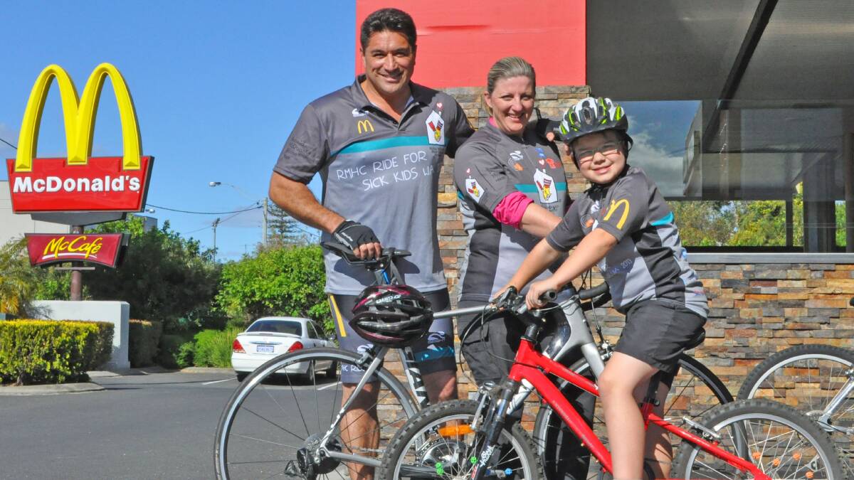 Busselton McDonald's franchisee John Frankham will be participating in the Ride for Sick Kids on Thursday. He is pictured with Cassandra and Ethan Lauro. 