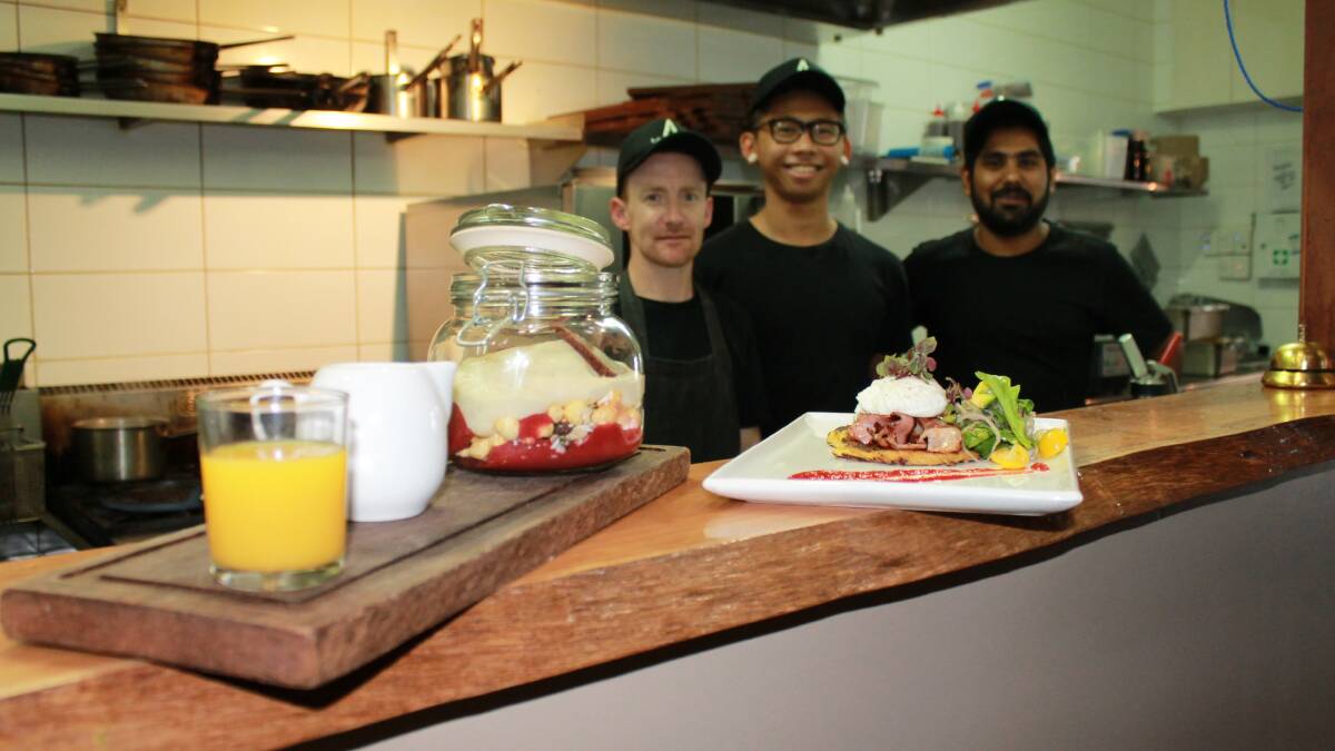 New breakfast menu: Laundry43 chef’s Marc Kennedy, Karoll Tapire and Ricky Singh with a few of the restaurant’s new breakfast options. 