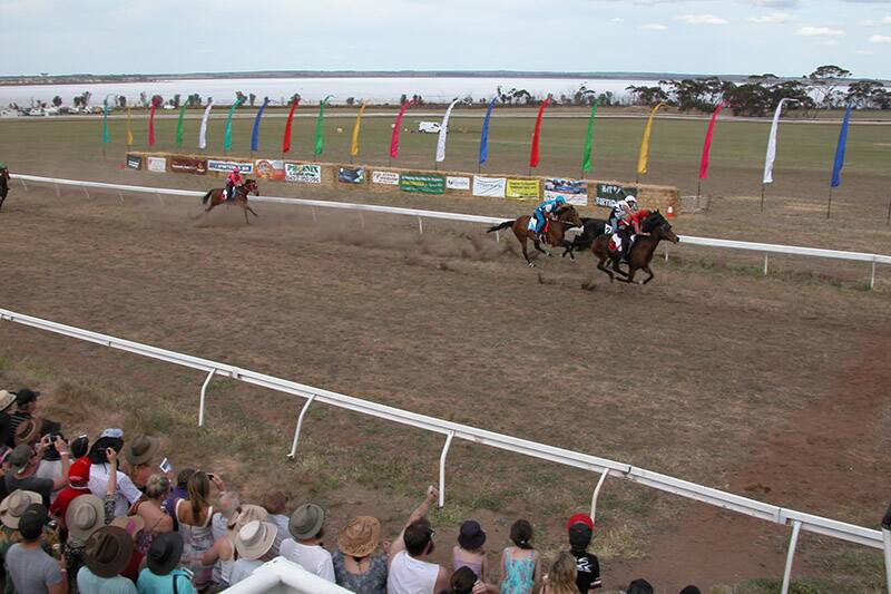 Reggi, ridden by Renea Delower, leads Kimberly Son and Syd down the first straight in the 1000m Kulin Cup.