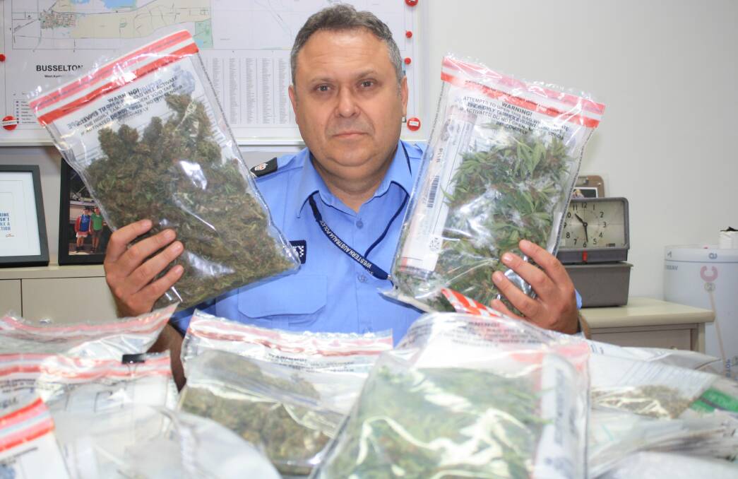 Busselton police Senior Sergeant Steve Principe holding cannabis found at search warrants last week. 