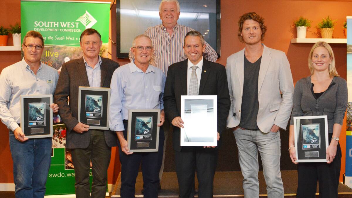South West Development Commission chairman Stuart Hicks with Busselton City chief executive officer Mike Archer, Frank Edwards, Mike Smart, Regional Development Minister Terry Redman, Myles Pollard and Geographe Bay Tourism Association chief executive officer Sharna Kearney at a presentation for supporters of Drift.