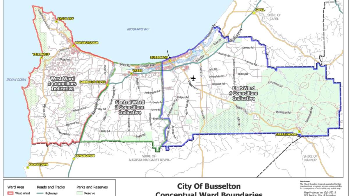 If the ward-based system was passed the city would be split into three boundaries with four councillors representing east Busselton, three councillors representing west Busselton and two councillors for Dunsborough, Yallingup and Eagle Bay.
