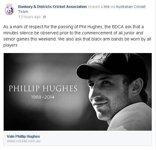 The LGM Industries Bunbury and Districts Cricket Association will honour Phillip Hughes at games this weekend.