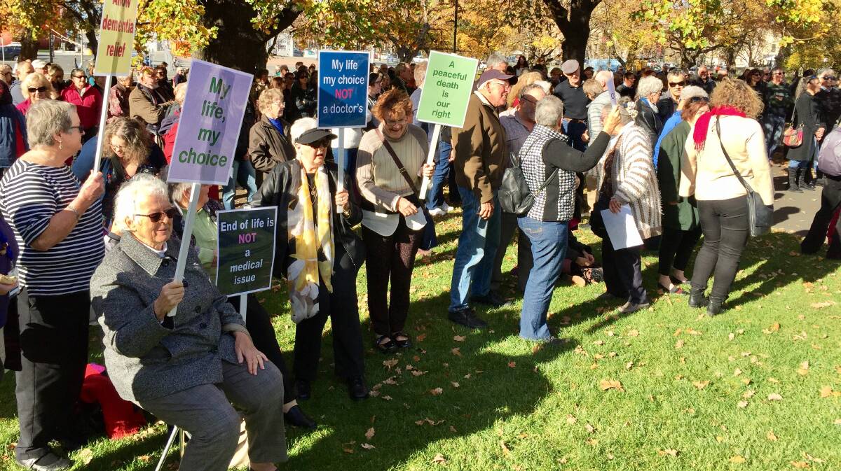 REFORM: Hundreds of people gather outside Parliament House in Hobart to rally for voluntary assisted dying, which was debated in the lower house of Wednesday. Picture: Michelle Wisbey