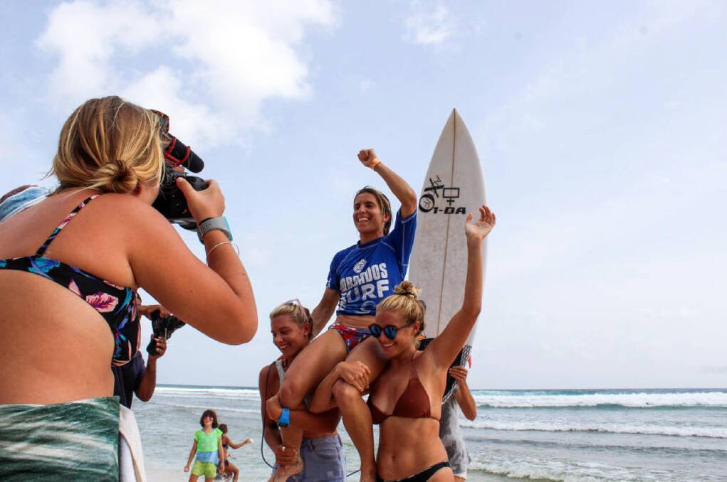 Claire Bevilacqua claming victory in the Barbados Surf Pro. Photo supplied.