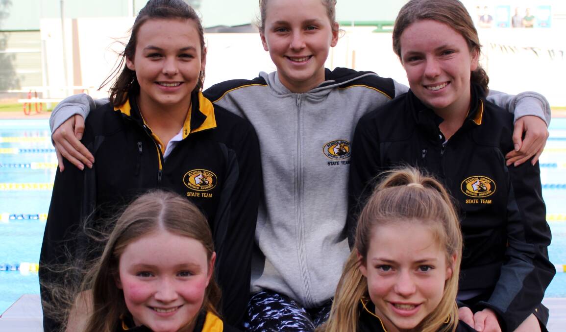 Top swimmers: Indiana Williams, Isabella Eibrink Jansen, Maddy Johnston Walker, Amy Kerr and Ella Butler recently competed in the National School Sports Swimming Championships in Darwin. Absent from the photo is Ross Rann. Photo: supplied. 