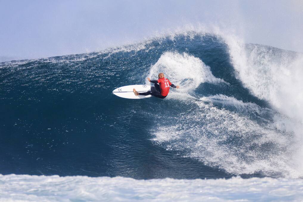 Surf's up: Surfing legend Kelly Slater catches a break in Margaret River. Photo: WSL.