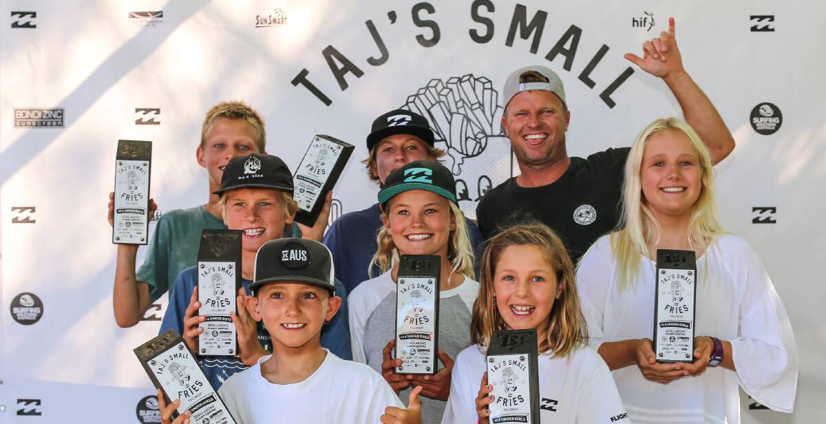 Hot fries: 2017 Small Fries winners were all smiles with Taj Burrows as they celebrated their wins at Caves House. Photo: Surfing WA.