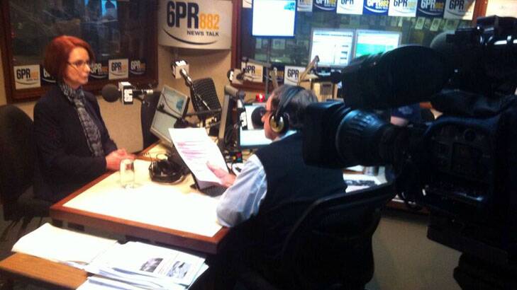 6PR host Howard Sattler interviewing Julia Gillard in the studio. Photo: Courtesy Channel Nine