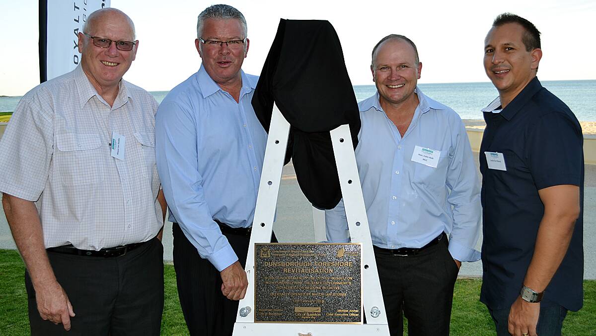Mayor Ian Stubbs, Vasse MLA Troy Buswell, Nationals president Colin Holt and chamber president Louis De Chiera with the plaque to commemorate the reopening.
