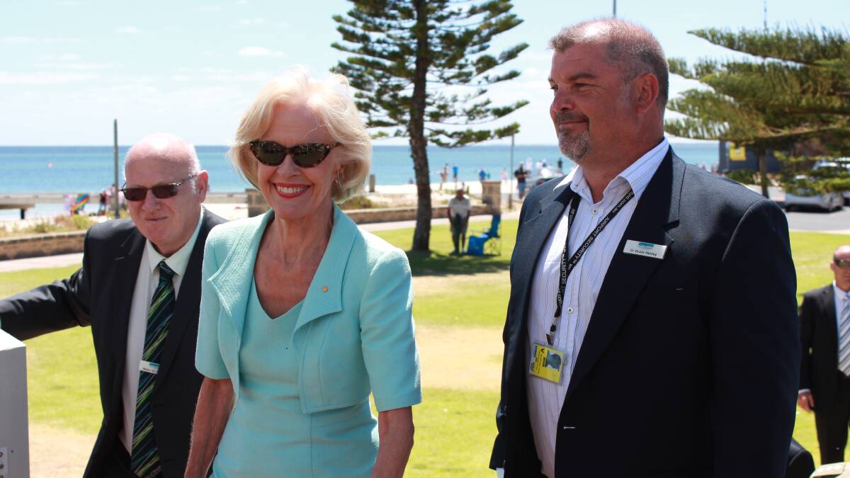 The Governor General of Australia Quentin Bryce arriving at the Goose Restaurant with City of Busselton Mayor Ian Stubbs and Deputy Mayor Grant Henley.
