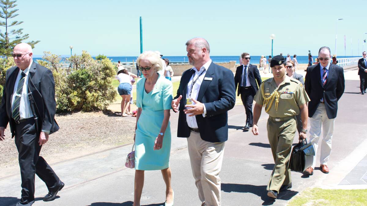 The Governor General of Australia Quentin Bryce walking along Busselton Foreshore with City of Busselton Mayor and Deputy Mayor.