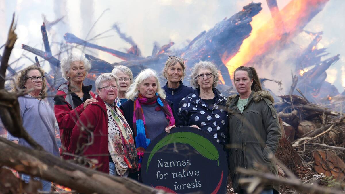 Nannas for Native Forests protest at burning wind rows in a South West state forest in May this year. Photo by Ray Swarts. 