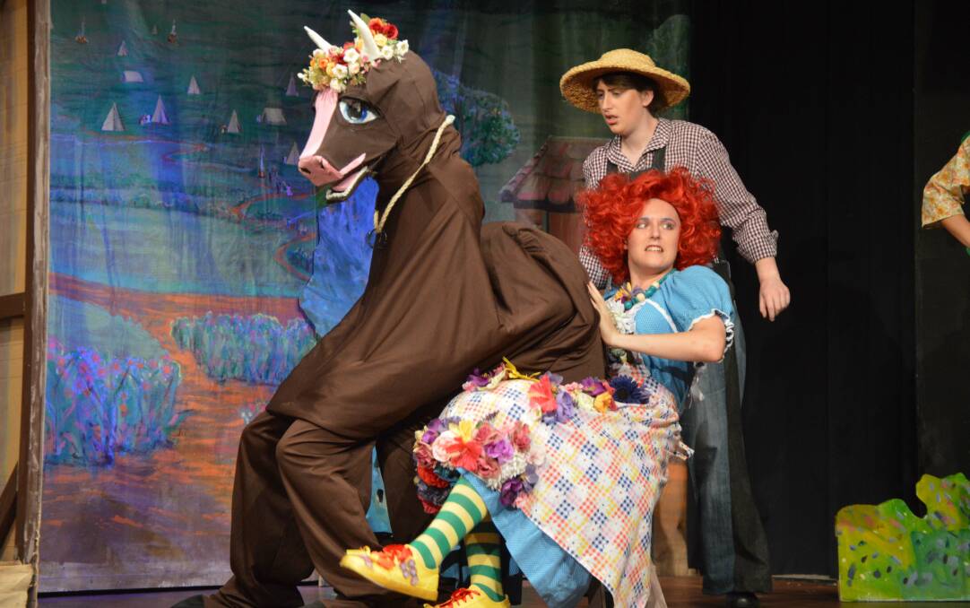 Full of laughter: Drew Morgan and Veronica Kelly on stage with Henry Booker and Zack Knight (the horse), in the Jack and the Beanstalk pantomime.