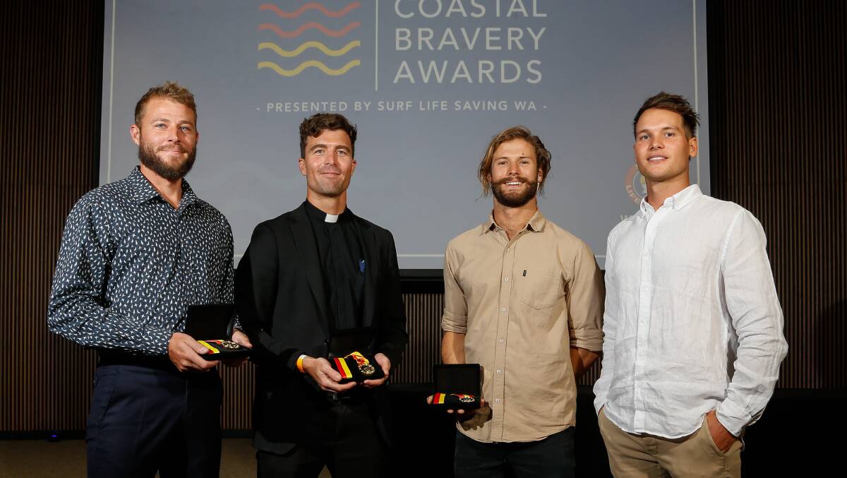 A gold medallion for Exceptional Bravery was awarded to Alex Oliver, Liam Ryan and Jess Woolhouse for rescuing Phil Mummert from a shark attack at Bunker Bay last year. Image supplied. 