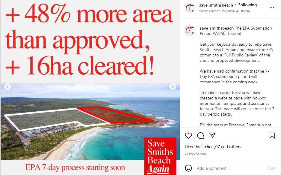 Community: The Save Smiths Beach Action Group is rallying the community to make comment on the proposed development in Yallingup. Picture: Instagram / Save Smiths Beach.