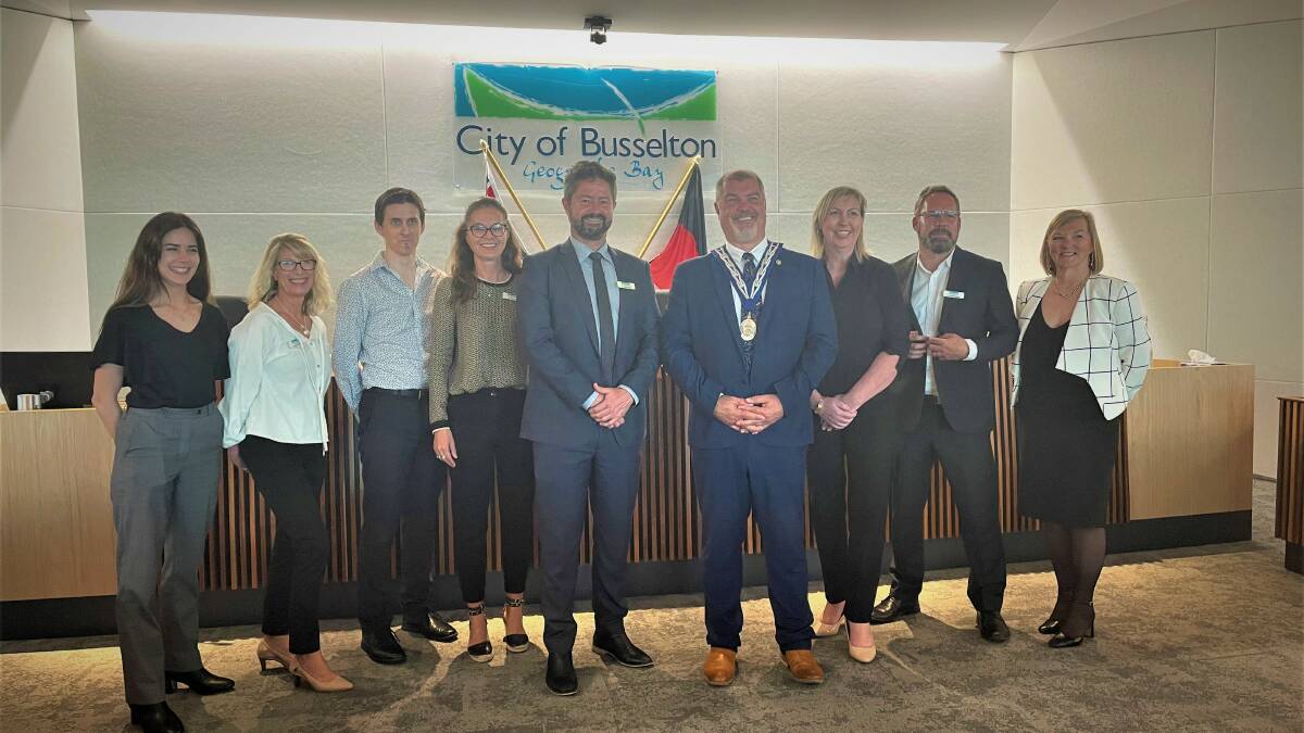 The 2021 City of Busselton council welcomed three new councillors on October 18. Pictured is Mikayla Love, Sue Riccelli, Ross Paine, Kate Cox, Paul Carter, Grant Henley, Jodie Richards, Phil Cronin and Anne Ryan.