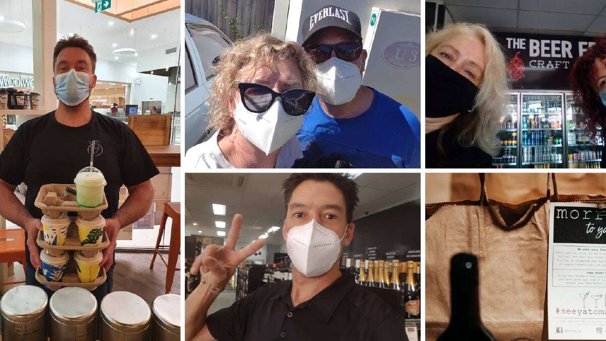 Hanging tough in crisis: (clockwise from left) Sean Carter delivers coffees, pharmacy employee Debbie Neat and chef Michael Neat; Liquor Merchants crew Oggy and Beth; Morries jumps into takeout; Mark Wong in the house. 