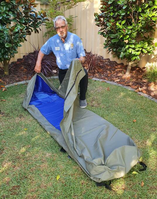 SLEEPING ROUGH: Rotarian Ross Johnston says the innovative shelter bags will allow those who are experiencing homelessness to stay warm in the elements. Photo: Supplied.
