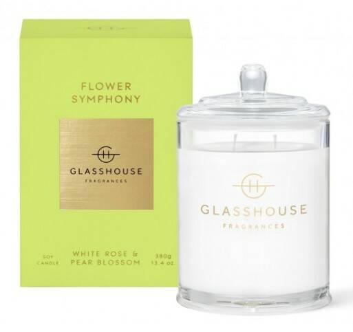 Save 20 per cent off this Glasshouse flower symphony white rose and pear blossom candle from Domain - $44. 