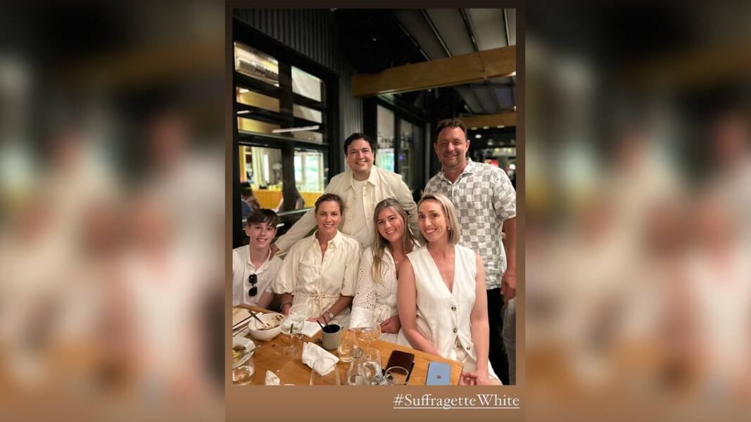 Brittany Higgins and her family dressed in white before she departed for France with fiance David Sharaz in December 2023. Picture by Instagram/@davidsharaz