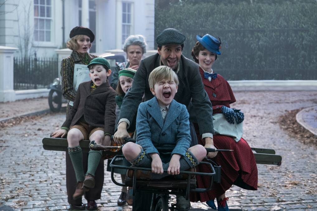 MARY POPPINS RETURNS: Jane (Emily Mortimer), John (Nathanael Saleh), Annabel (Pixie Davies, Ellen (Julie Walters), Jack (Lin-Manuel Miranda), Georgie (Joel Dawson) and Mary Poppins (Emily Blunt) star in an entirely new adventure with the practically-perfect nanny and the Banks family.