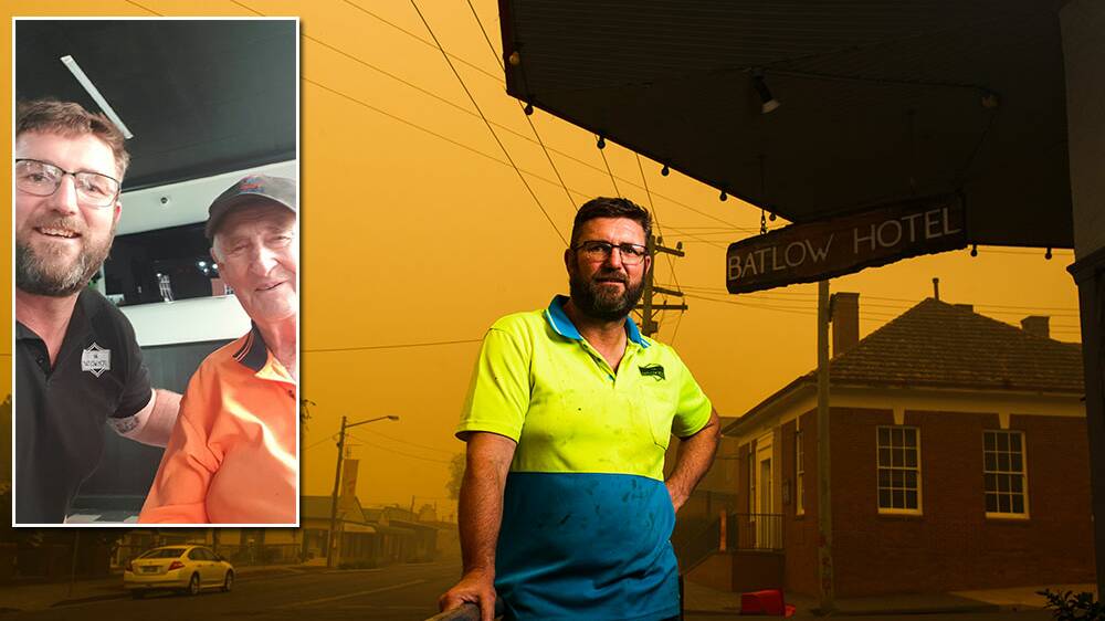 Batlow Hotel owner Matthew Rudd, stayed in Batlow as the Dunns Road fire impacted the town on Saturday. Inset: Mr Rudd and local man Wayne Cullen at the pub the night before. Pictures: Dion Georgopoulos, Matthew Rudd