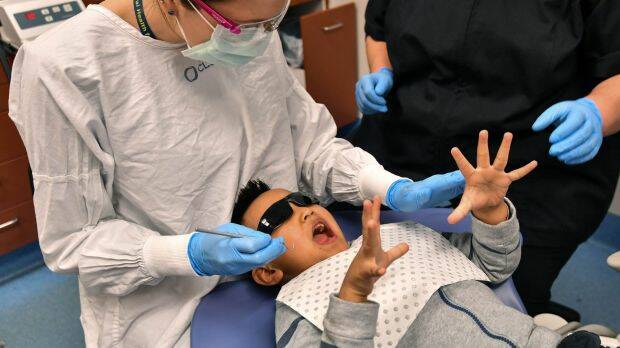 Oral health therapist Kimberley Karp helps a young patient deal with some nerves at the Royal Dental Hospital. Photo: Joe Armao