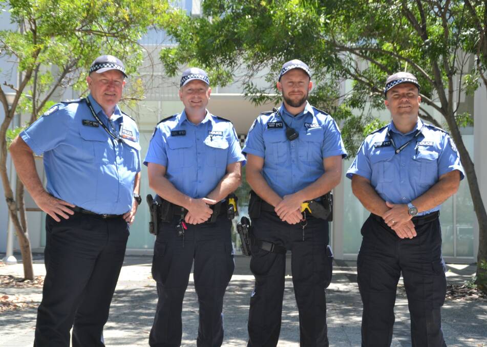 Protecting the community: South-West District Superintendent Geoff Stewart, constable Hamish Kydd, constable Gavin Aylmore, and sergeant Jon Adams. Photo: Thomas Munday. 