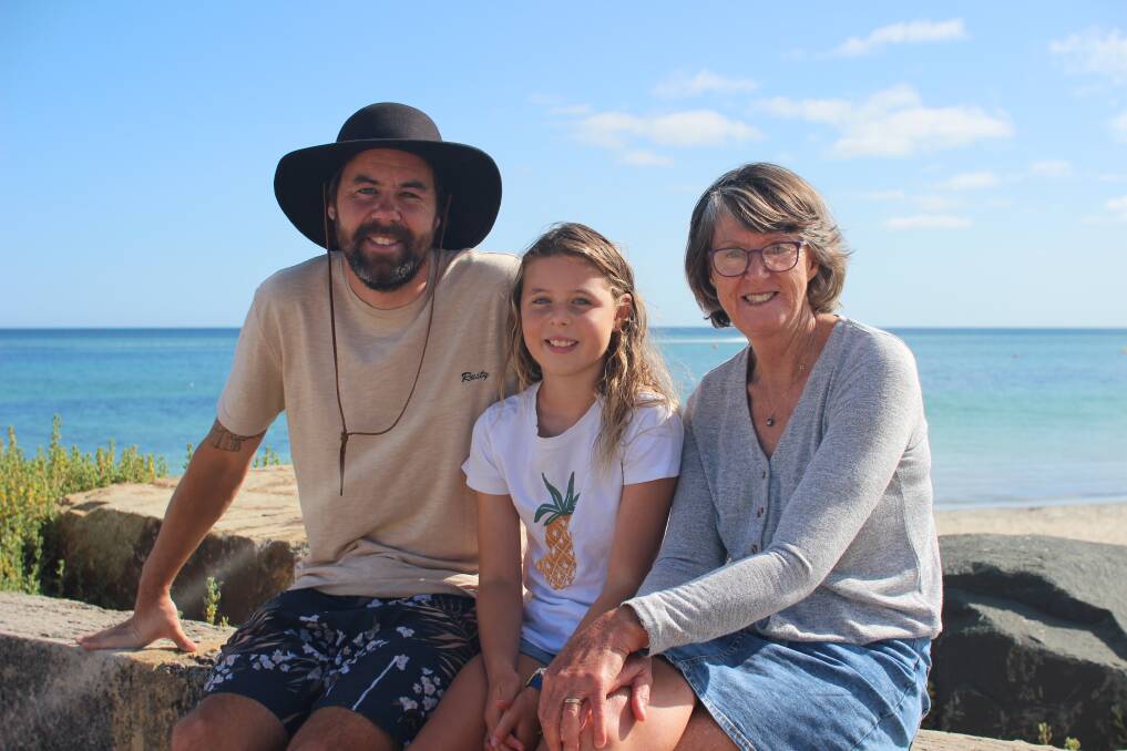 Andrew, Isla and Glenys Semark are ready to take to the water for the 25th annual Sunsmart Busselton Jetty Swim. Photo: Jesinta Burton.