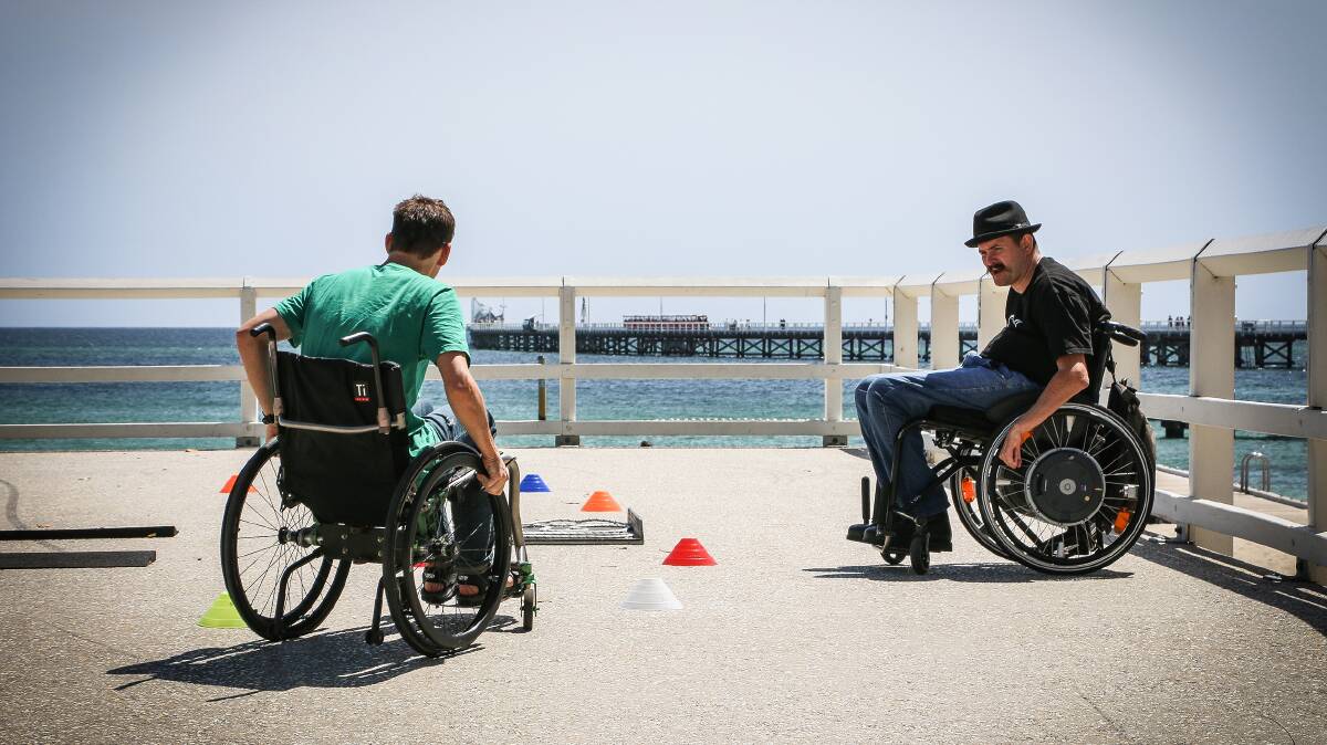 City of Busselton councillor Ross Paine with 30 Foot Drop founder Ben Aldridge at a 2 Wise Monkeys workshop in Busselton, which aims to break down bias around people with disabilities.