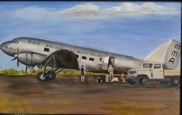 Artist Carolyn Pollitt painted a memory of living in the Kimberley when a plane delivered the mail. Image supplied.