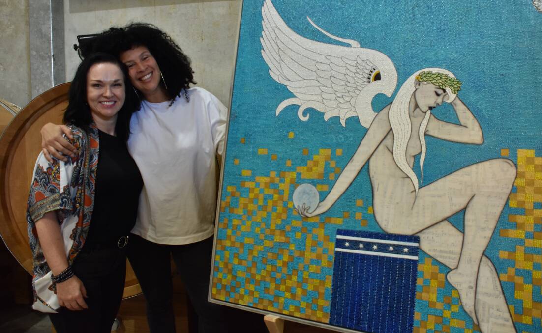 Artist Natalie Briney and Creatives Collide curator Kaye Guthrie Adonis at Larry Cherubino Wines cellar door in Wilaybrup, where Ms Briney is exhibiting her latest collection Muses.