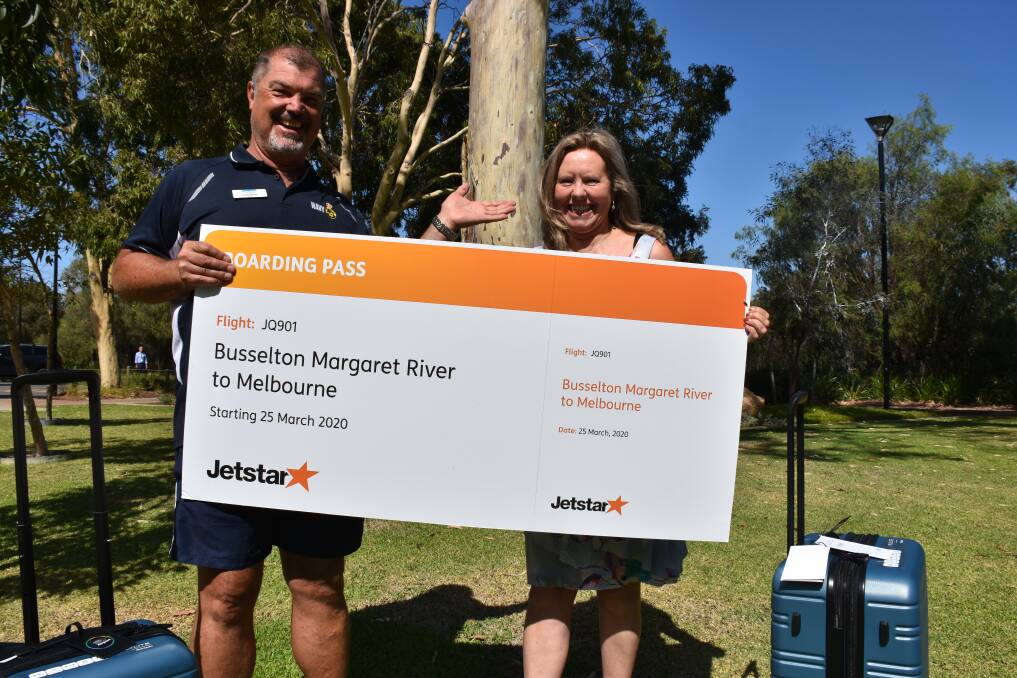 City of Busselton mayor Grant Henley with competition winner Vicki Newell who will be on board the first Jetstar flight from Busselton to Melbourne.