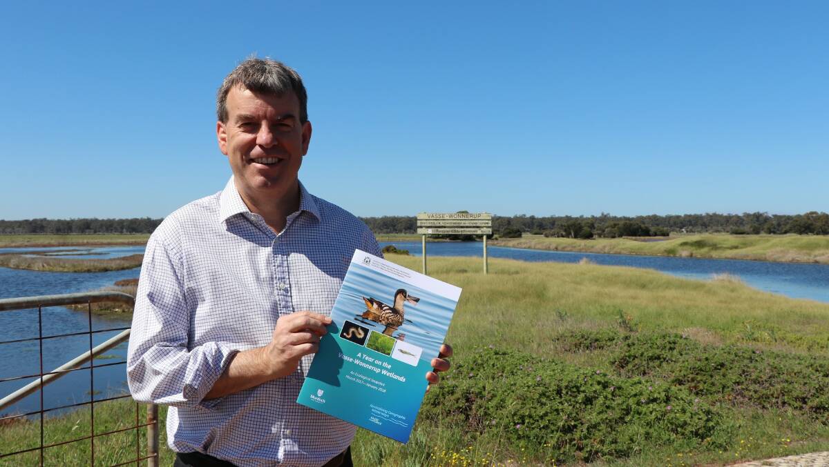 Water minister Dave Kelly launches the booklet A Year on the Vasse-Wonnerup wetlands, which details a year's worth of scientific research about the wetlands. Image supplied.