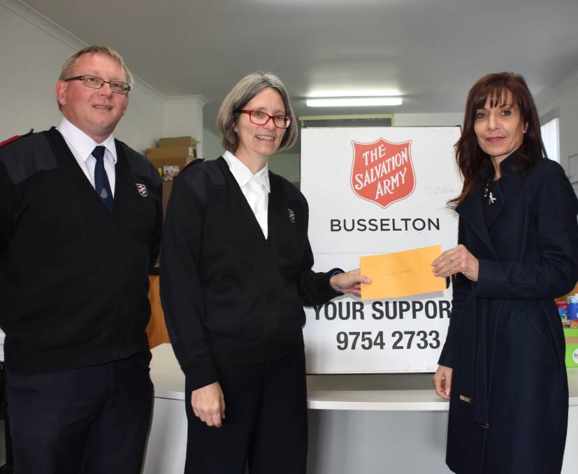 Salvation Busselton Army Corp Jason and Sharon Dannock with South West MLC Adele Farina.