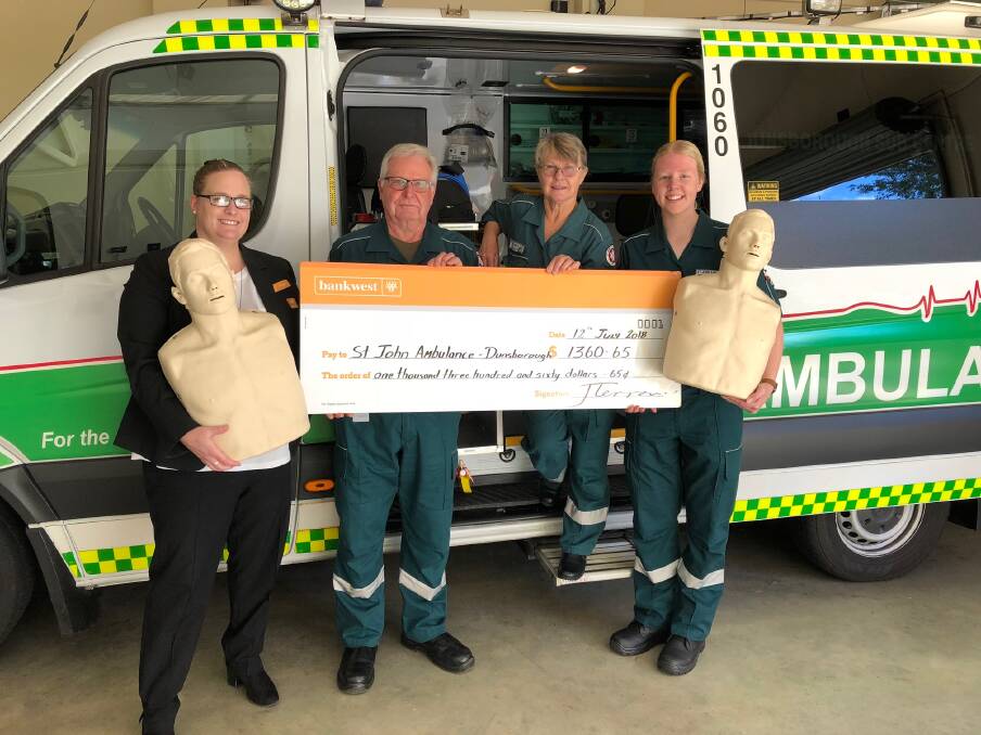 Bankwest branch manager Jacqui Terrance, volunteer ambulance officer John Fuller, training coordinator Kathy Wright and volunteer ambulance officer Lucy Ecclestone. Image supplied.