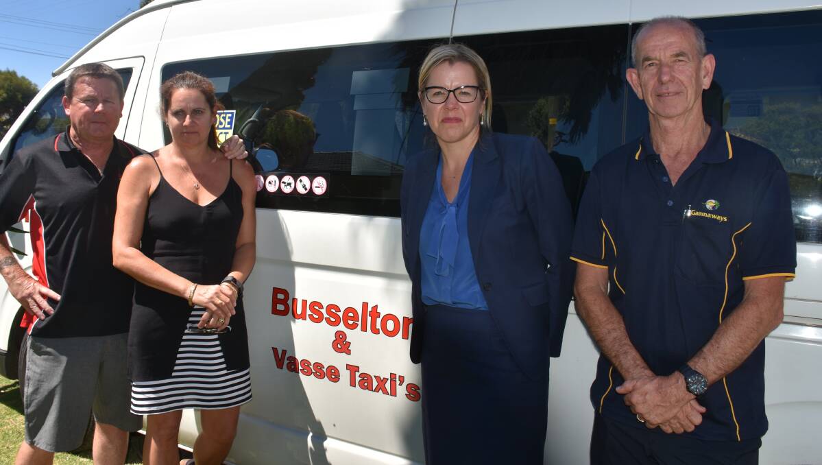 Busselton Taxi owners Jeff and Janet Devenny with Vasse MP Libby Mettam and bus operator Ray Gannaway.