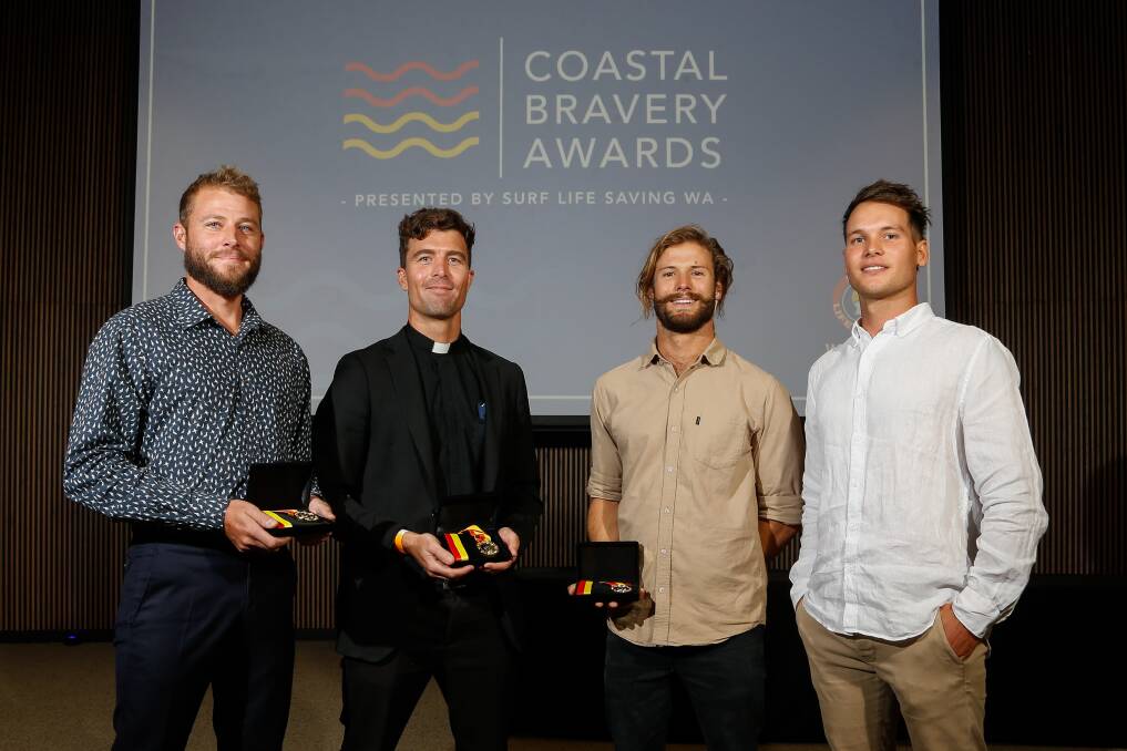 A gold medallion for Exceptional Bravery was awarded to Alex Oliver, Liam Ryan and Jess Woolhouse for rescuing Phil Mummert from a shark attack at Bunker Bay last year. Image supplied.