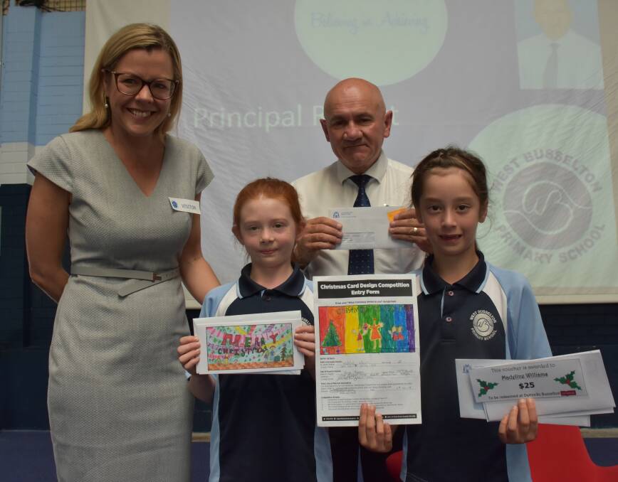 Vasse MLA Libby Mettam with West Busselton Primary School principal Jamie Adair and the Christmas Card design winner Lilliahna Ockenden and one of the runners-up Madeline Williams.