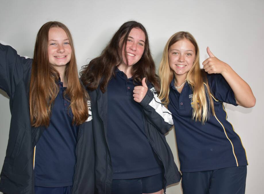  Busselton Senior High School Year 9 students Brigette Gibson Mia Evans and Issy Brown win second prize in a film competition promoting child safety.