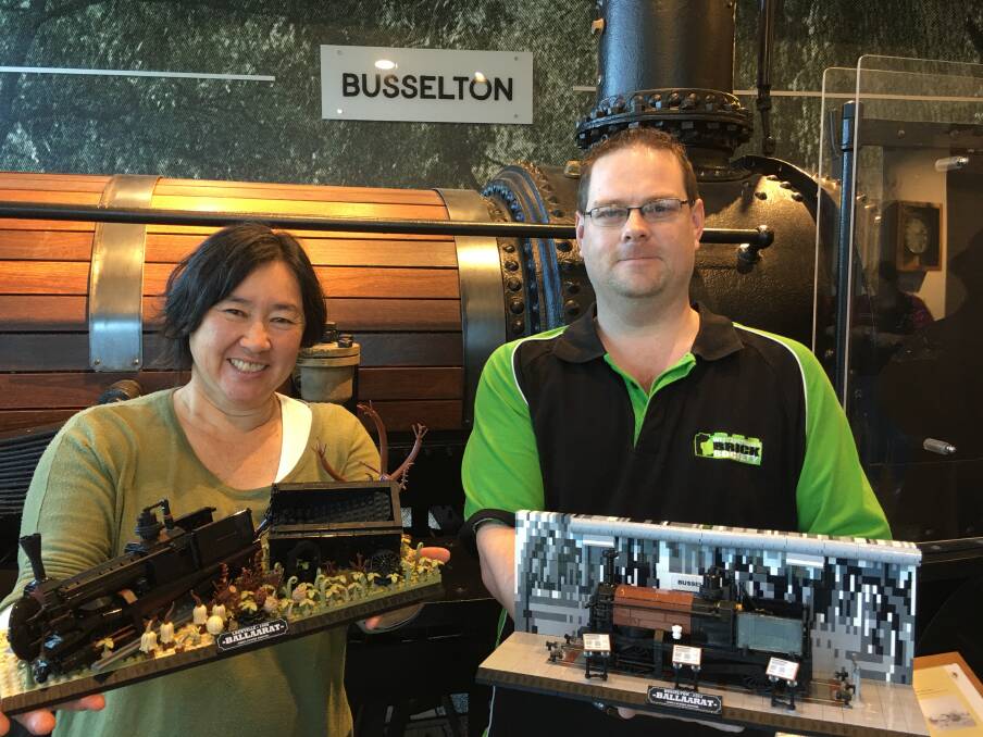 City of Busselton cultural development officer Jacquie Happ with WA Brick Society secretary Ryan Masters and his Lego replicas of the Ballaarat. Image supplied.