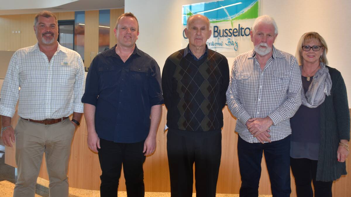 City of Busselton mayor Grant Henley, candidate Luke O'Connell, councillors Terry Best and Rob Bennett and Jenny Green at the ballot draw on Thursday.