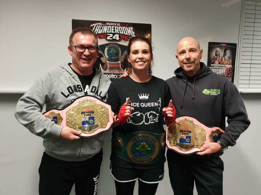 Denning Boxing and Fitness Gym coach John Hinsey, Busselton's Ice Queen Kylie Hutt and coach Crandon Keddie. Image supplied.